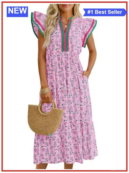 Dresses & Skirts - Womens Floral Midi Dress Cap Sleeve V Neck Sundress